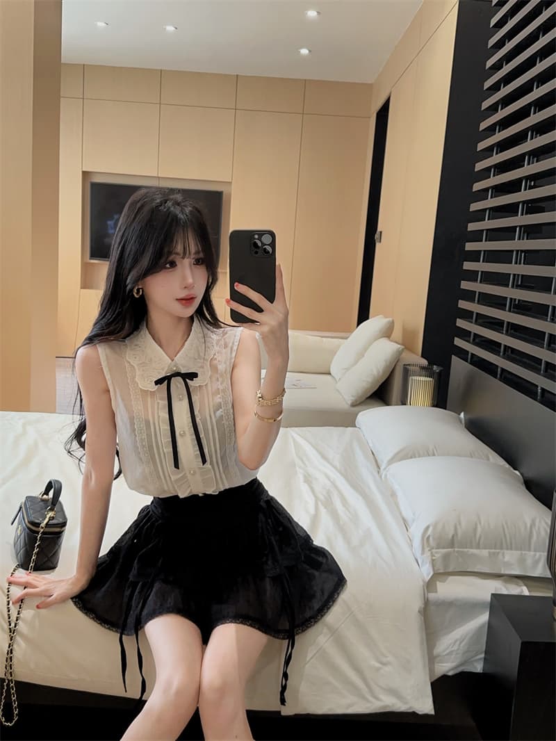 실사 천 금빛 바람 세트 여름 프랑스식 무거운 작업 베이비 칼라 민소매 맨위 케이크 반신 스커트 상세 이미지 6
