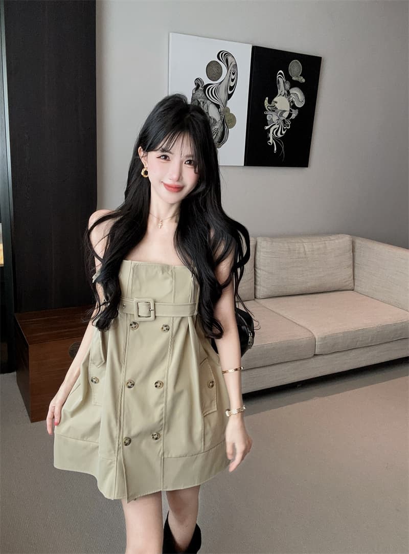 실사 레트로 순수한 욕망 바람 카키 색 바람막이 센스 슬립 드레스 작은 키 루즈핏 슬림해 보이는 미니 스커트 상세 이미지 1