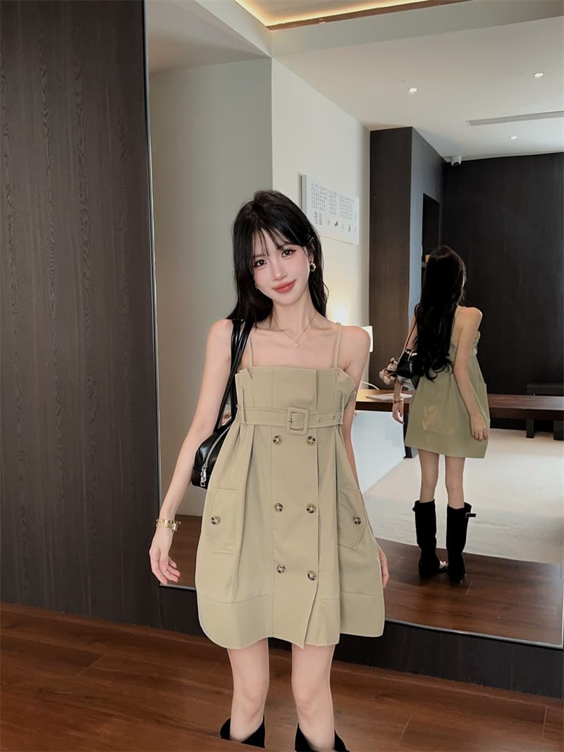 실사 레트로 순수한 욕망 바람 카키 색 바람막이 센스 슬립 드레스 작은 키 루즈핏 슬림해 보이는 미니 스커트 상세 이미지 2