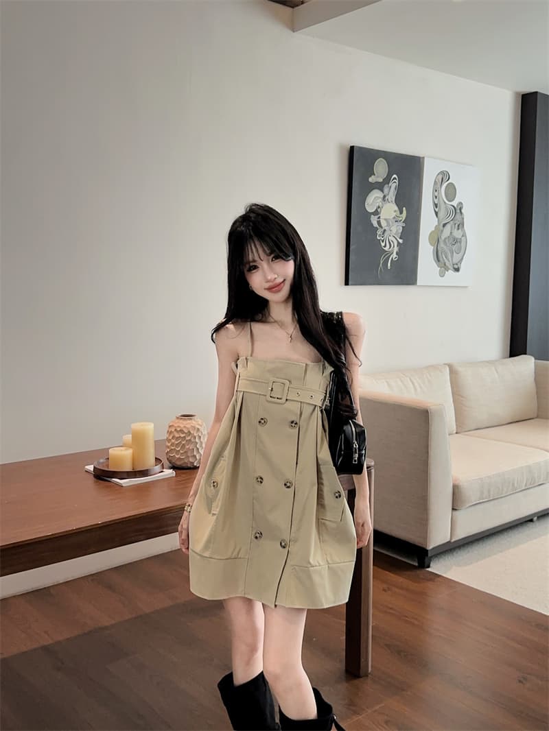 실사 레트로 순수한 욕망 바람 카키 색 바람막이 센스 슬립 드레스 작은 키 루즈핏 슬림해 보이는 미니 스커트 상세 이미지 4