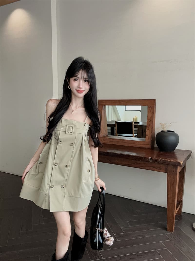 실사 레트로 순수한 욕망 바람 카키 색 바람막이 센스 슬립 드레스 작은 키 루즈핏 슬림해 보이는 미니 스커트 상세 이미지 8