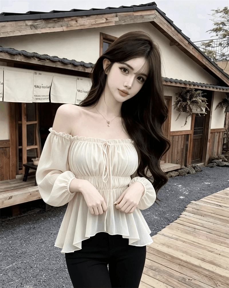 실사 오프숄더 쉬폰 여성 셔츠 여름 순수한 욕망 핫걸 품격 쇼트 스타일 허리 수축 아름다운 이슬 어깨 상세 이미지 1