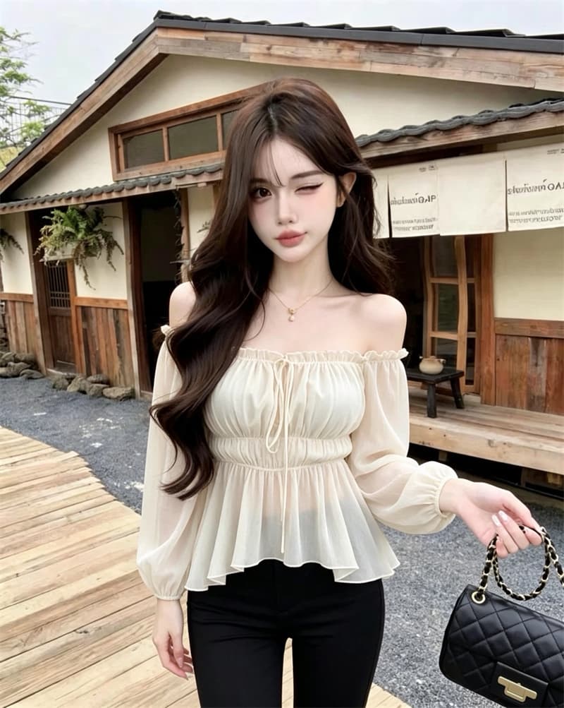 실사 오프숄더 쉬폰 여성 셔츠 여름 순수한 욕망 핫걸 품격 쇼트 스타일 허리 수축 아름다운 이슬 어깨 상세 이미지 2