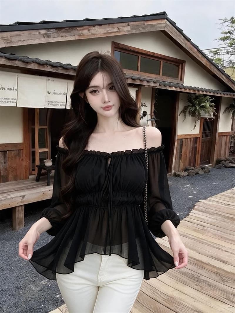 실사 오프숄더 쉬폰 여성 셔츠 여름 순수한 욕망 핫걸 품격 쇼트 스타일 허리 수축 아름다운 이슬 어깨 상세 이미지 5