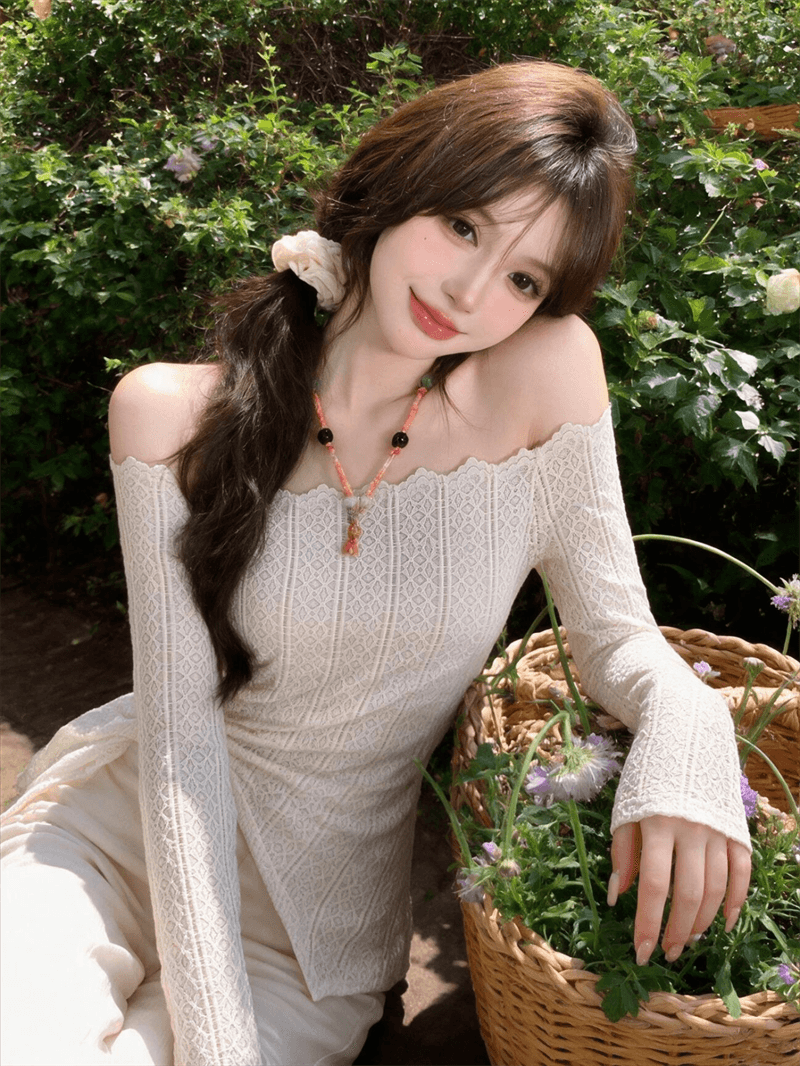 실사 오프숄더 맨위 여성 레이스 슬림해 보이는 몸매 가꾸기 긴팔 기본 셔츠 이미지 3