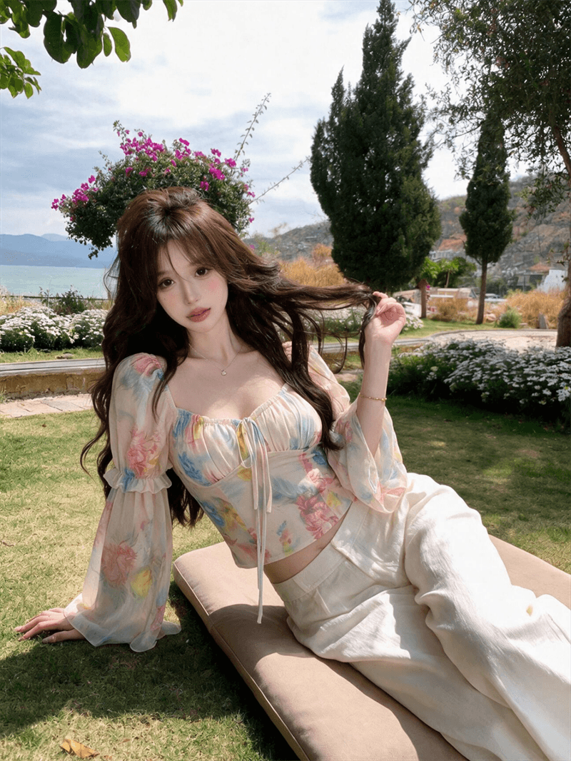 실사 수채화 물감 헤일로 염색 꽃무늬 쉬폰 블라우스 여자 칼라 디자인 센스 슬림해 보이는 명중 가져 가라. 작은 셔츠 맨위
