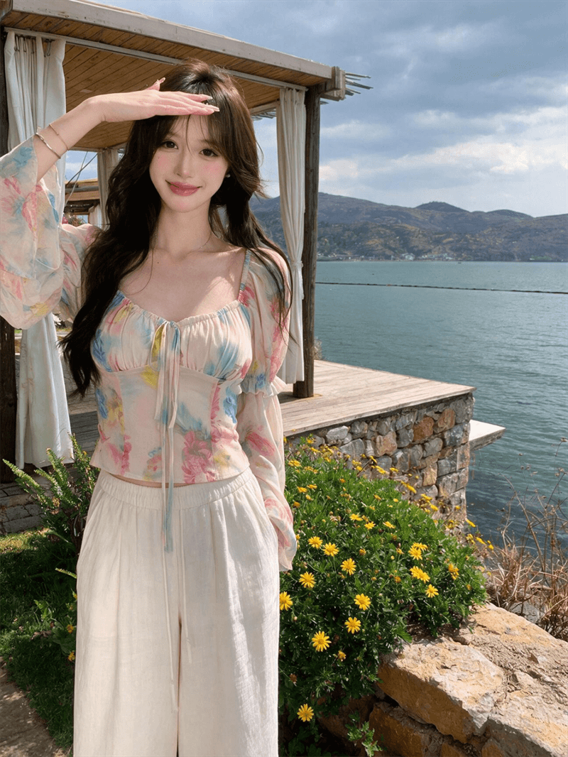 실사 수채화 물감 헤일로 염색 꽃무늬 쉬폰 블라우스 여자 칼라 디자인 센스 슬림해 보이는 명중 가져 가라. 작은 셔츠 맨위 이미지 4