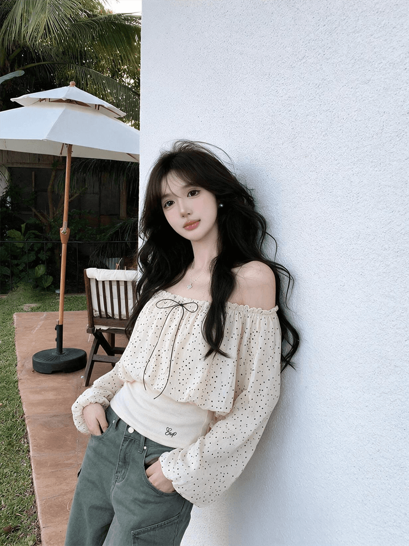 실사 오프숄더 쉬폰 블라우스 여성 가을 도트 무늬 외부 잡아라. 의류 고급 센스 허리 수축 긴팔 상세 이미지 1