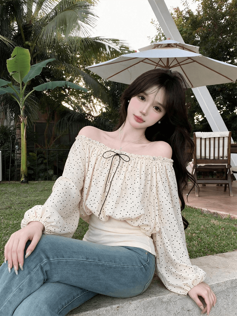 실사 오프숄더 쉬폰 블라우스 여성 가을 도트 무늬 외부 잡아라. 의류 고급 센스 허리 수축 긴팔 상세 이미지 3