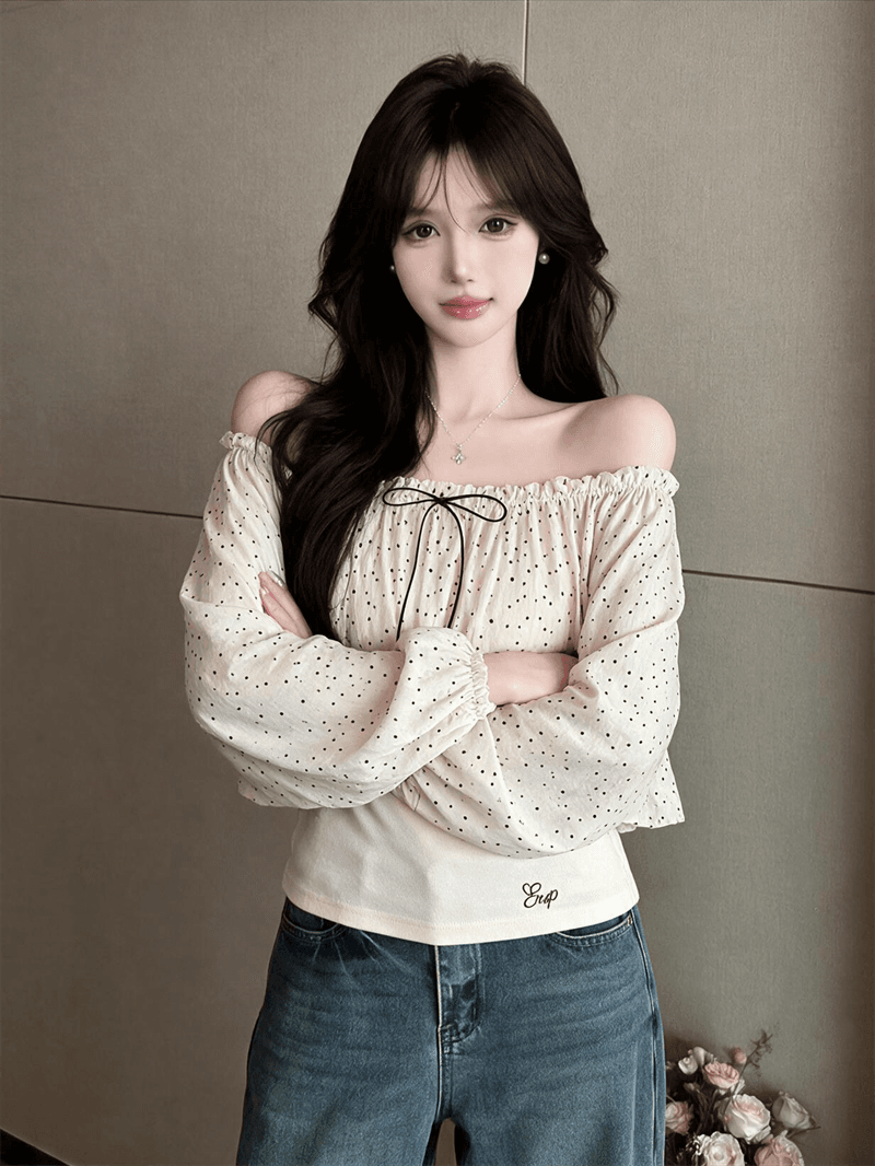 실사 오프숄더 쉬폰 블라우스 여성 가을 도트 무늬 외부 잡아라. 의류 고급 센스 허리 수축 긴팔 상세 이미지 5