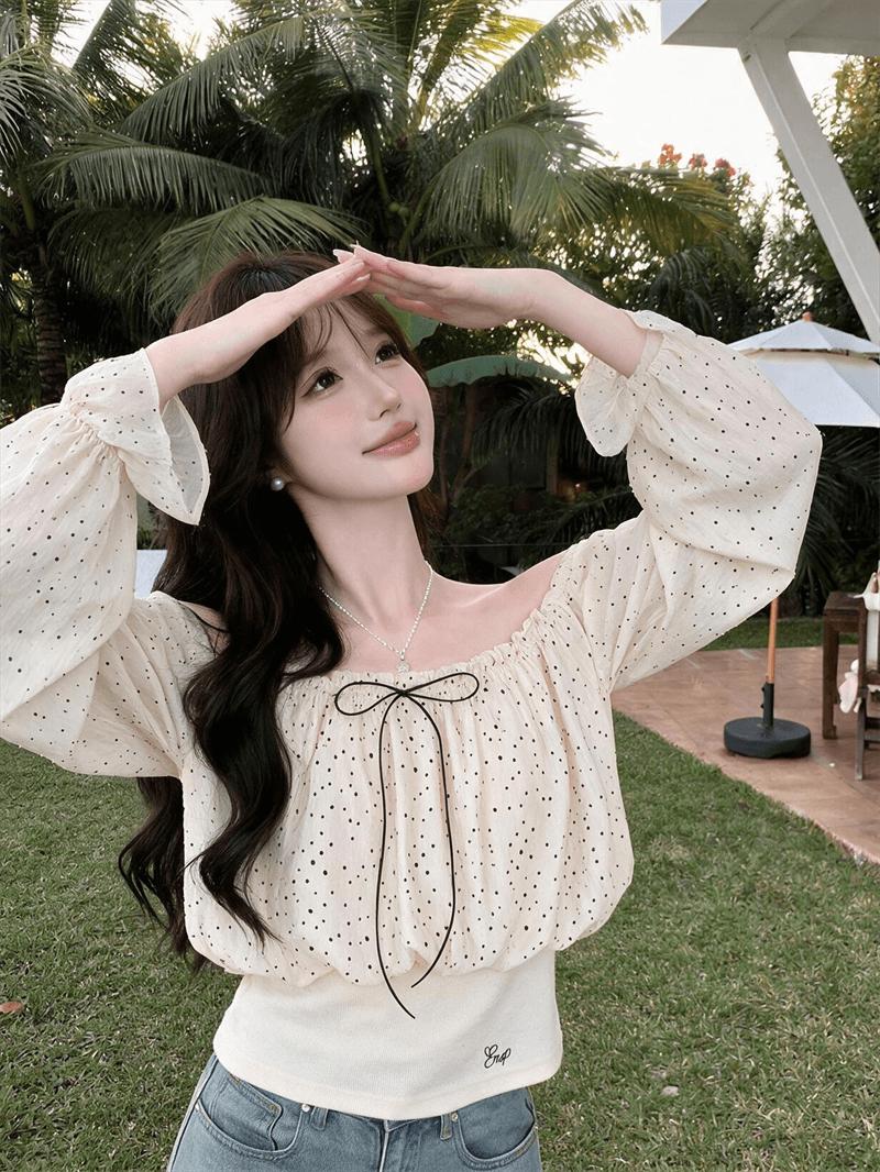 실사 오프숄더 쉬폰 블라우스 여성 가을 도트 무늬 외부 잡아라. 의류 고급 센스 허리 수축 긴팔 상세 이미지 6
