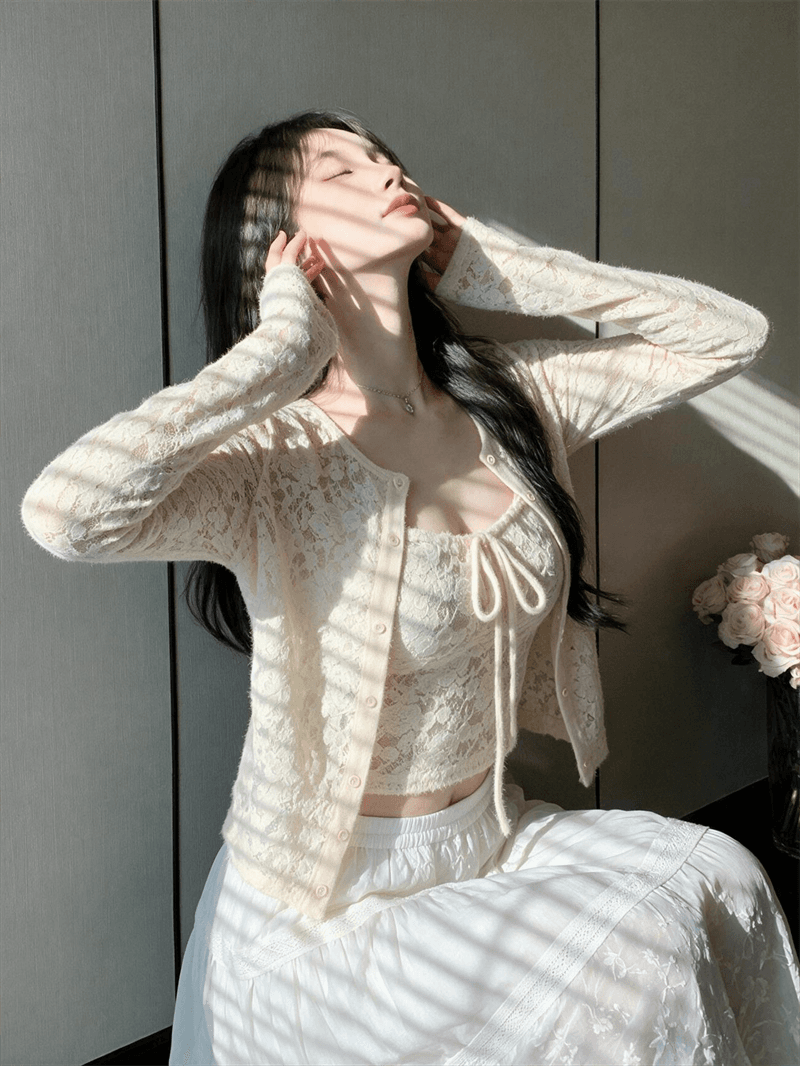 실사 레이스 긴팔 오픈 가디건 맨위 인사이드 가져 가라. 몸매 가꾸기 슬림해 보이는 캐미솔 세트 가을 상세 이미지 2