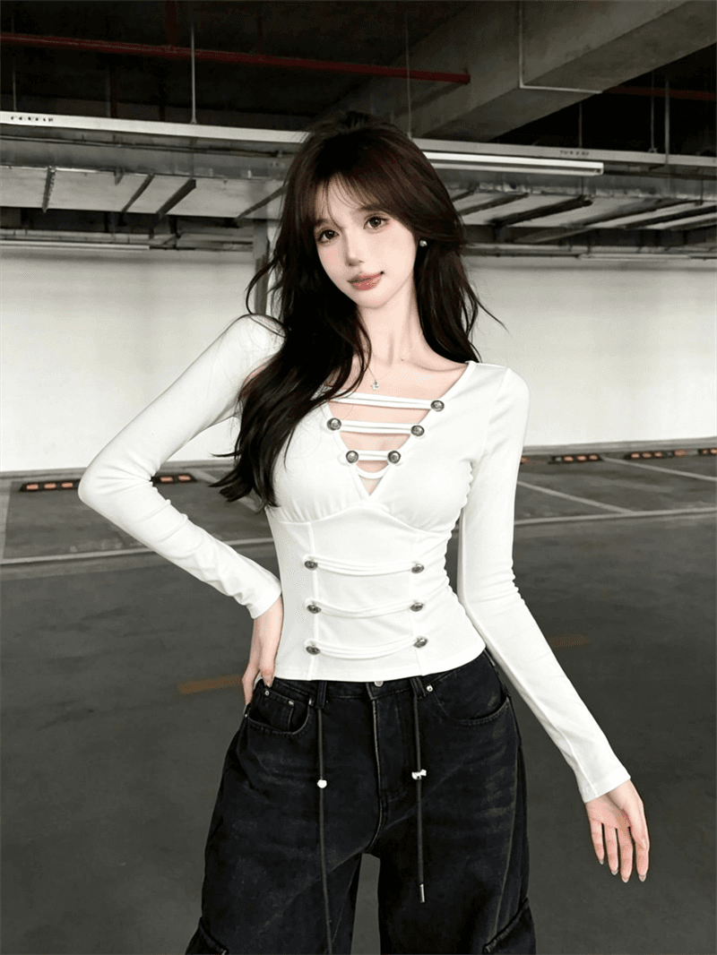 실사 핫걸 순수한 욕망 섹시함 V넥 몸매 가꾸기 슬림해 보이는 긴팔 기본 셔츠 맨위 이미지 3