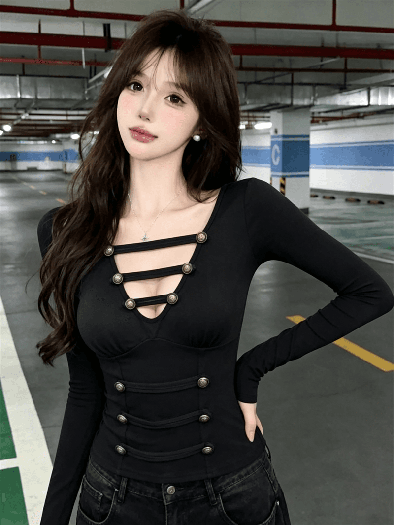 실사 핫걸 순수한 욕망 섹시함 V넥 몸매 가꾸기 슬림해 보이는 긴팔 기본 셔츠 맨위 상세 이미지 6
