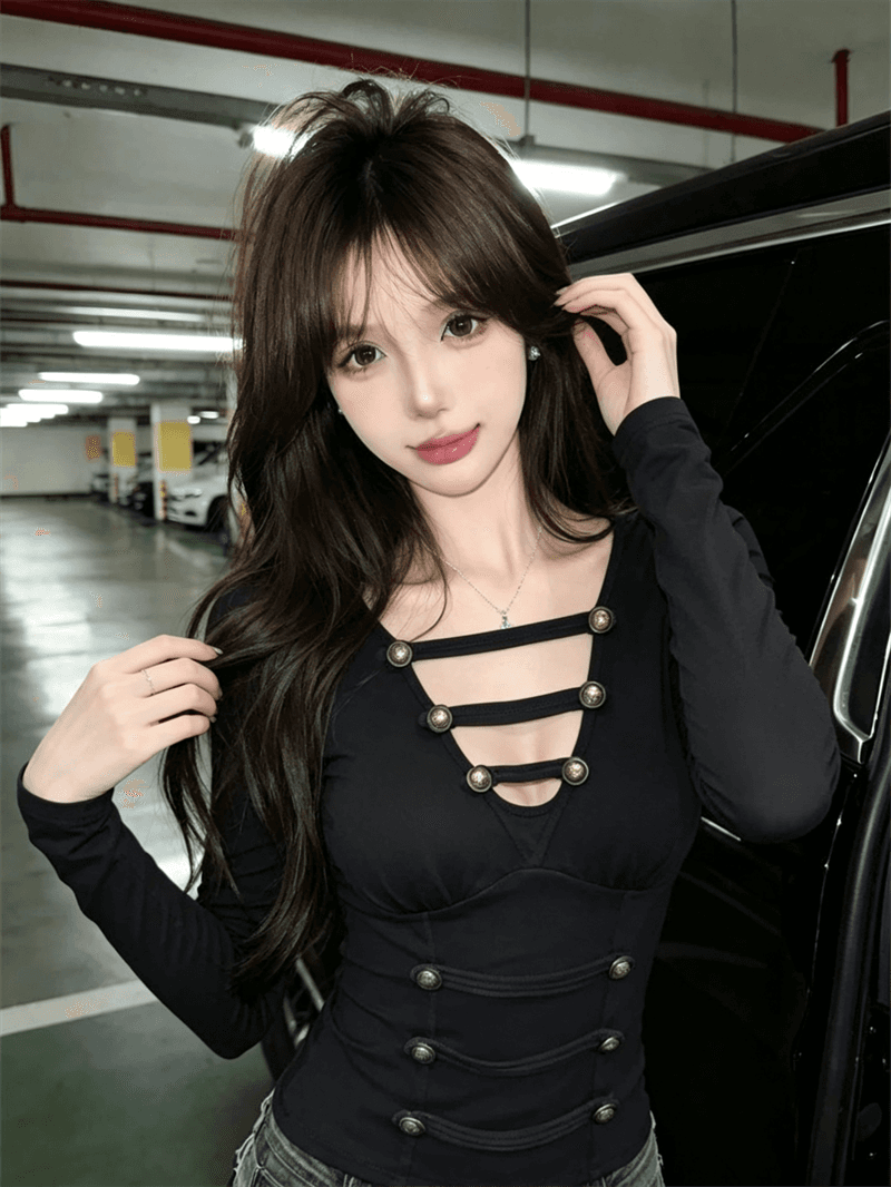 실사 핫걸 순수한 욕망 섹시함 V넥 몸매 가꾸기 슬림해 보이는 긴팔 기본 셔츠 맨위 상세 이미지 7