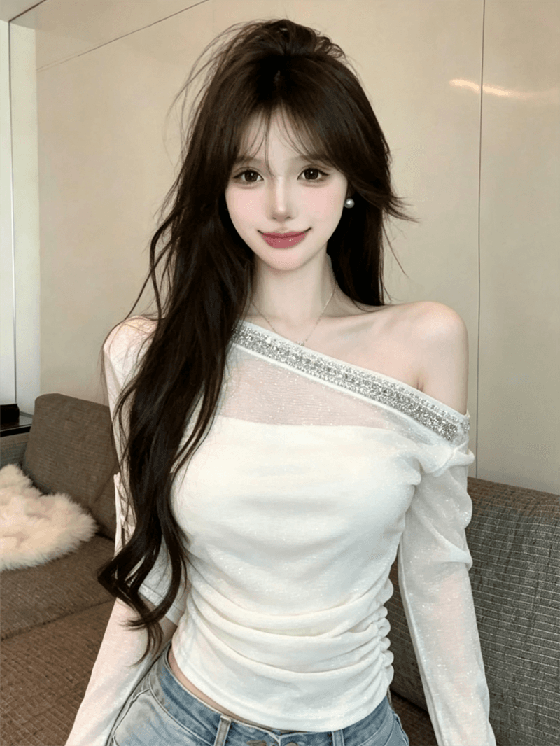 실사 망사 다이아몬드 세팅 비스듬한 어깨 긴팔 디자인 센스 순수한 욕망 오프숄더 아름다운 맨위