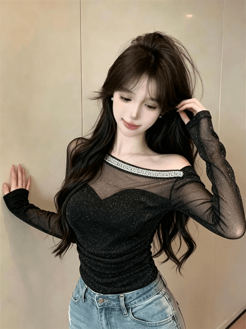 실사 망사 다이아몬드 세팅 비스듬한 어깨 긴팔 디자인 센스 순수한 욕망 오프숄더 아름다운 맨위 이미지 2
