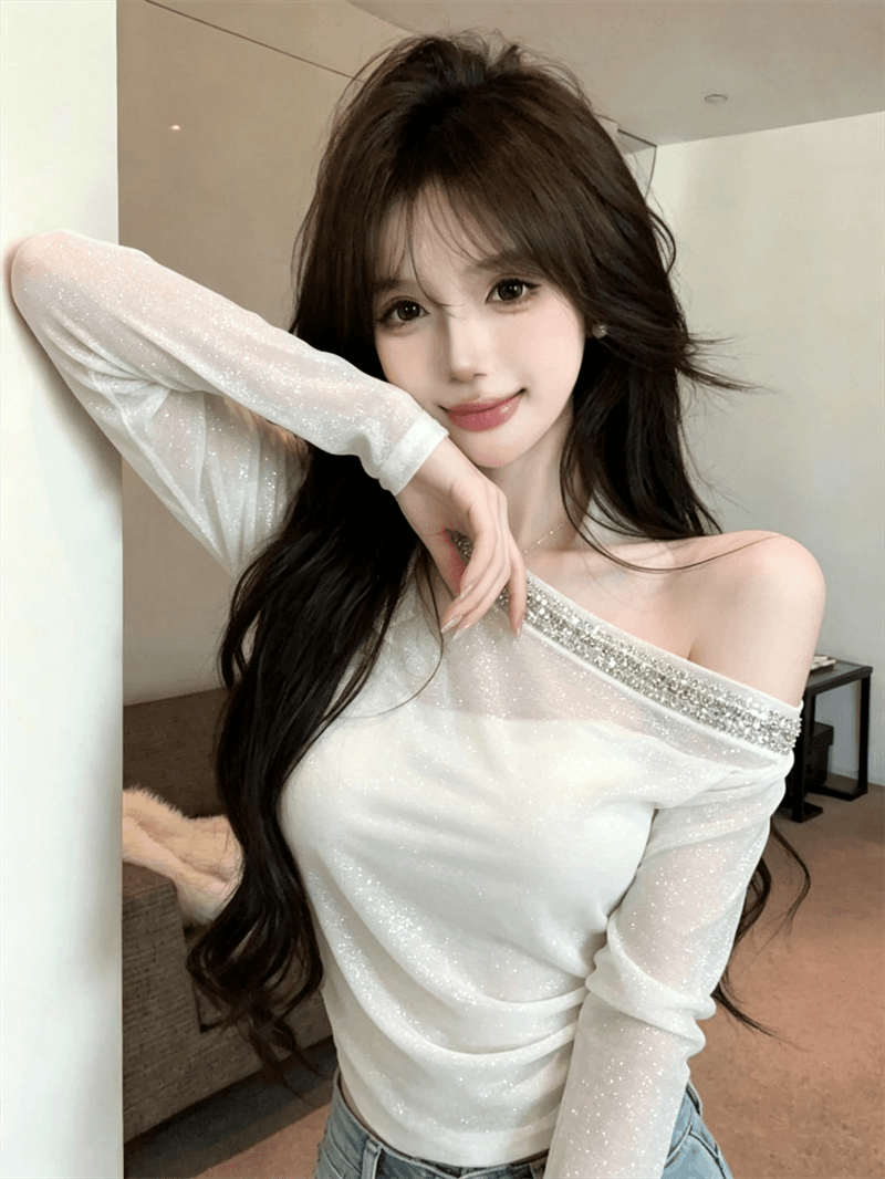 실사 망사 다이아몬드 세팅 비스듬한 어깨 긴팔 디자인 센스 순수한 욕망 오프숄더 아름다운 맨위 상세 이미지 3