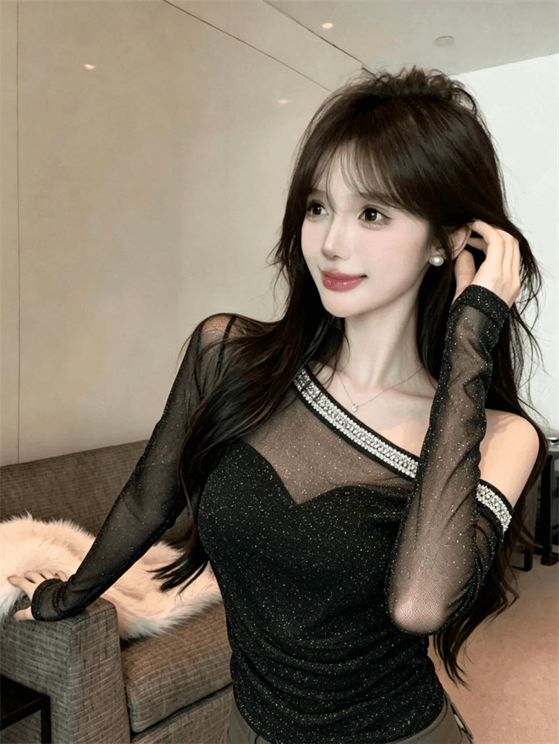 실사 망사 다이아몬드 세팅 비스듬한 어깨 긴팔 디자인 센스 순수한 욕망 오프숄더 아름다운 맨위 상세 이미지 5