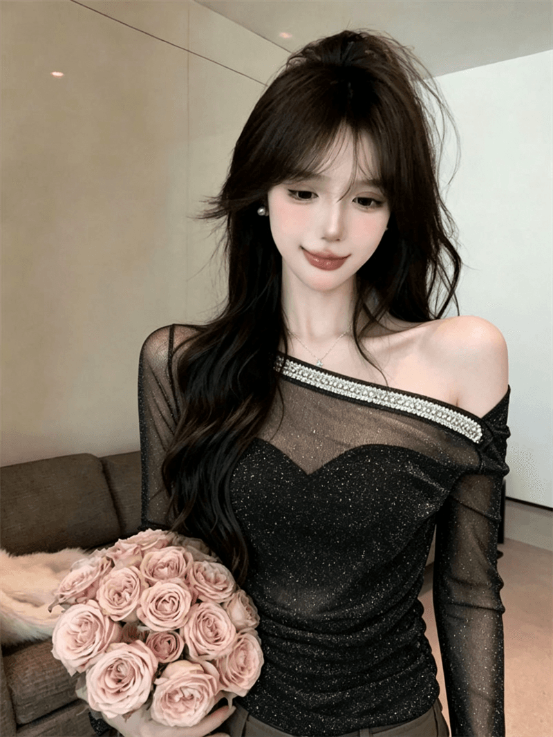 실사 망사 다이아몬드 세팅 비스듬한 어깨 긴팔 디자인 센스 순수한 욕망 오프숄더 아름다운 맨위 상세 이미지 6