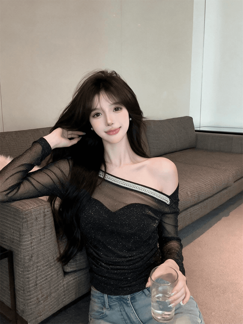 실사 망사 다이아몬드 세팅 비스듬한 어깨 긴팔 디자인 센스 순수한 욕망 오프숄더 아름다운 맨위 상세 이미지 8