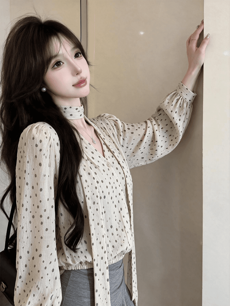 실사 부드러운 도트 무늬 가을 켜기 새로운 한 부서 느긋한 불규칙 도트 무늬 셔츠 작은 심장 기계 오프숄더 긴팔 이미지 2