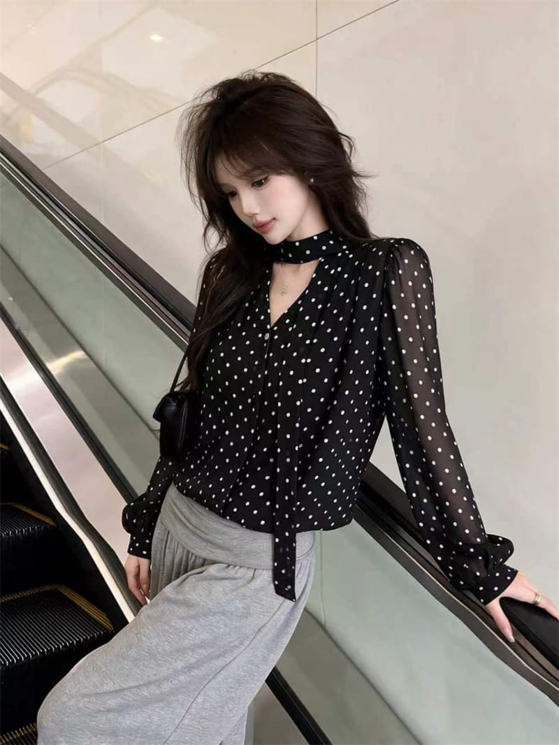 실사 부드러운 도트 무늬 가을 켜기 새로운 한 부서 느긋한 불규칙 도트 무늬 셔츠 작은 심장 기계 오프숄더 긴팔 이미지 3