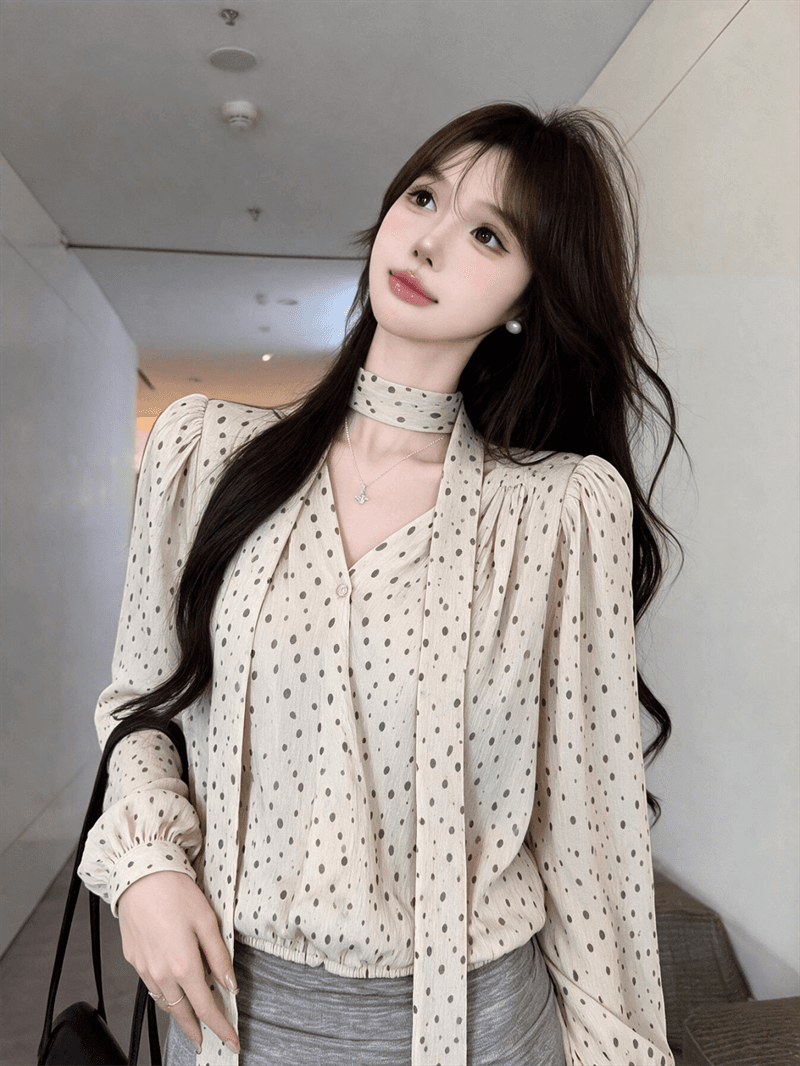 실사 부드러운 도트 무늬 가을 켜기 새로운 한 부서 느긋한 불규칙 도트 무늬 셔츠 작은 심장 기계 오프숄더 긴팔 상세 이미지 4