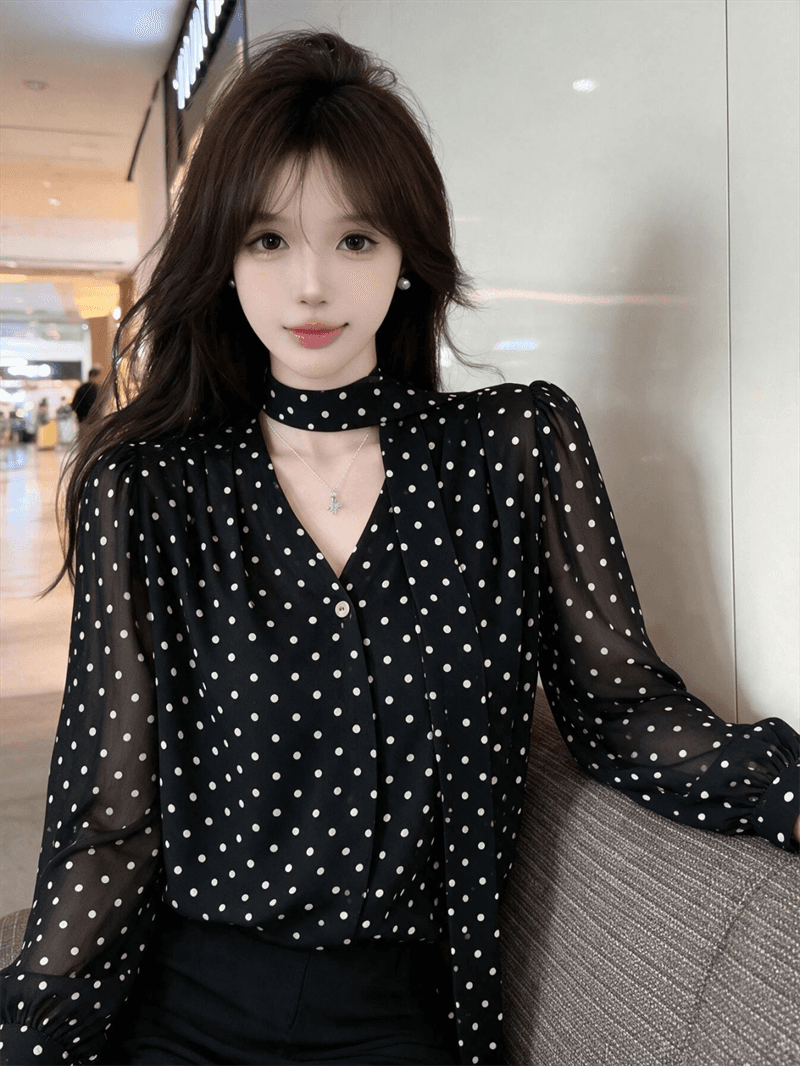 실사 부드러운 도트 무늬 가을 켜기 새로운 한 부서 느긋한 불규칙 도트 무늬 셔츠 작은 심장 기계 오프숄더 긴팔 상세 이미지 6
