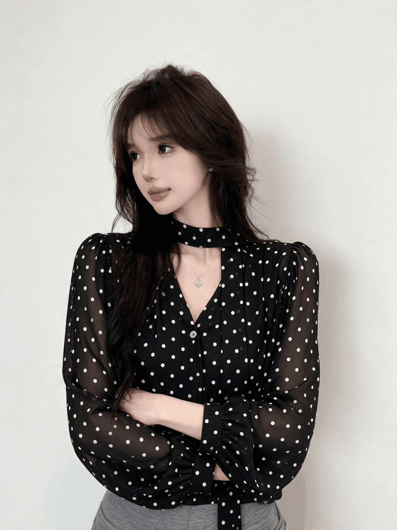 실사 부드러운 도트 무늬 가을 켜기 새로운 한 부서 느긋한 불규칙 도트 무늬 셔츠 작은 심장 기계 오프숄더 긴팔 상세 이미지 7