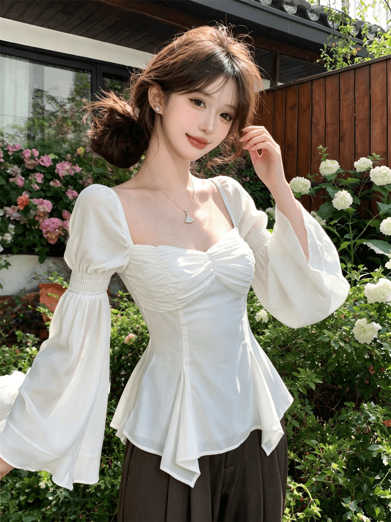 실사 광장 칼라 펌프 Pleat 나팔 소매 프릴 시폰 셔츠 여성 가을 부드러운 디자인 센스 몸매 가꾸기 맨위 이미지 3