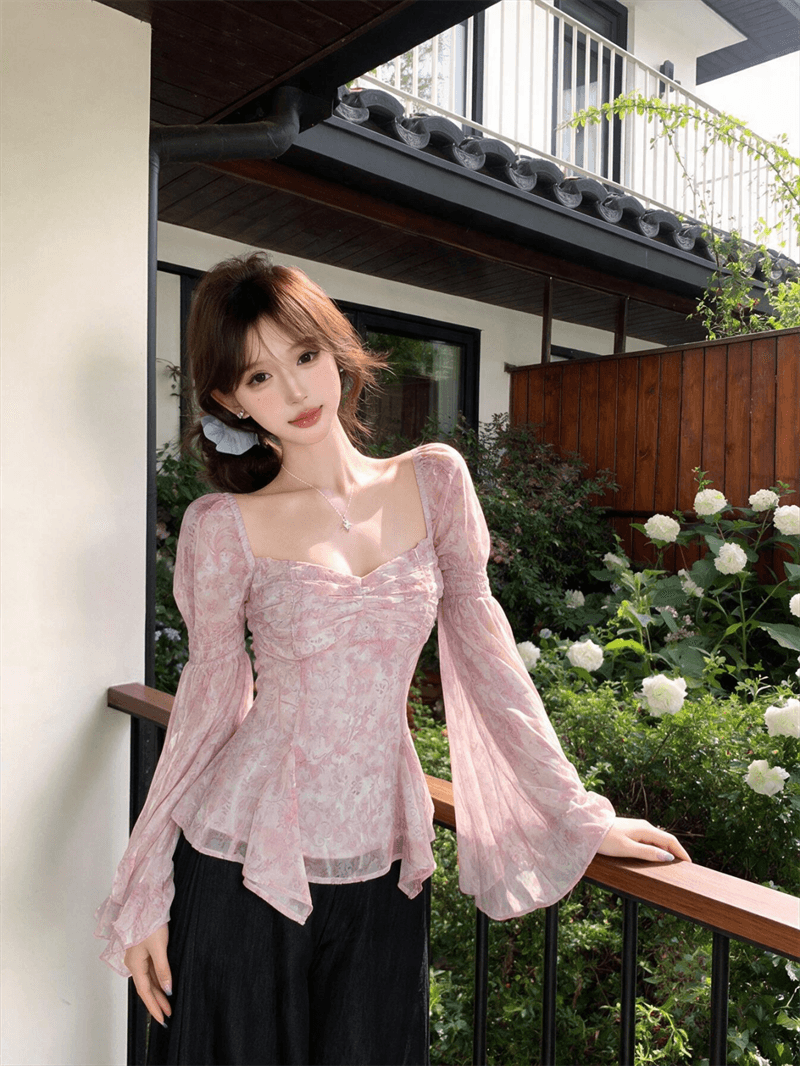 실사 광장 칼라 펌프 Pleat 나팔 소매 프릴 시폰 셔츠 여성 가을 부드러운 디자인 센스 몸매 가꾸기 맨위 상세 이미지 4