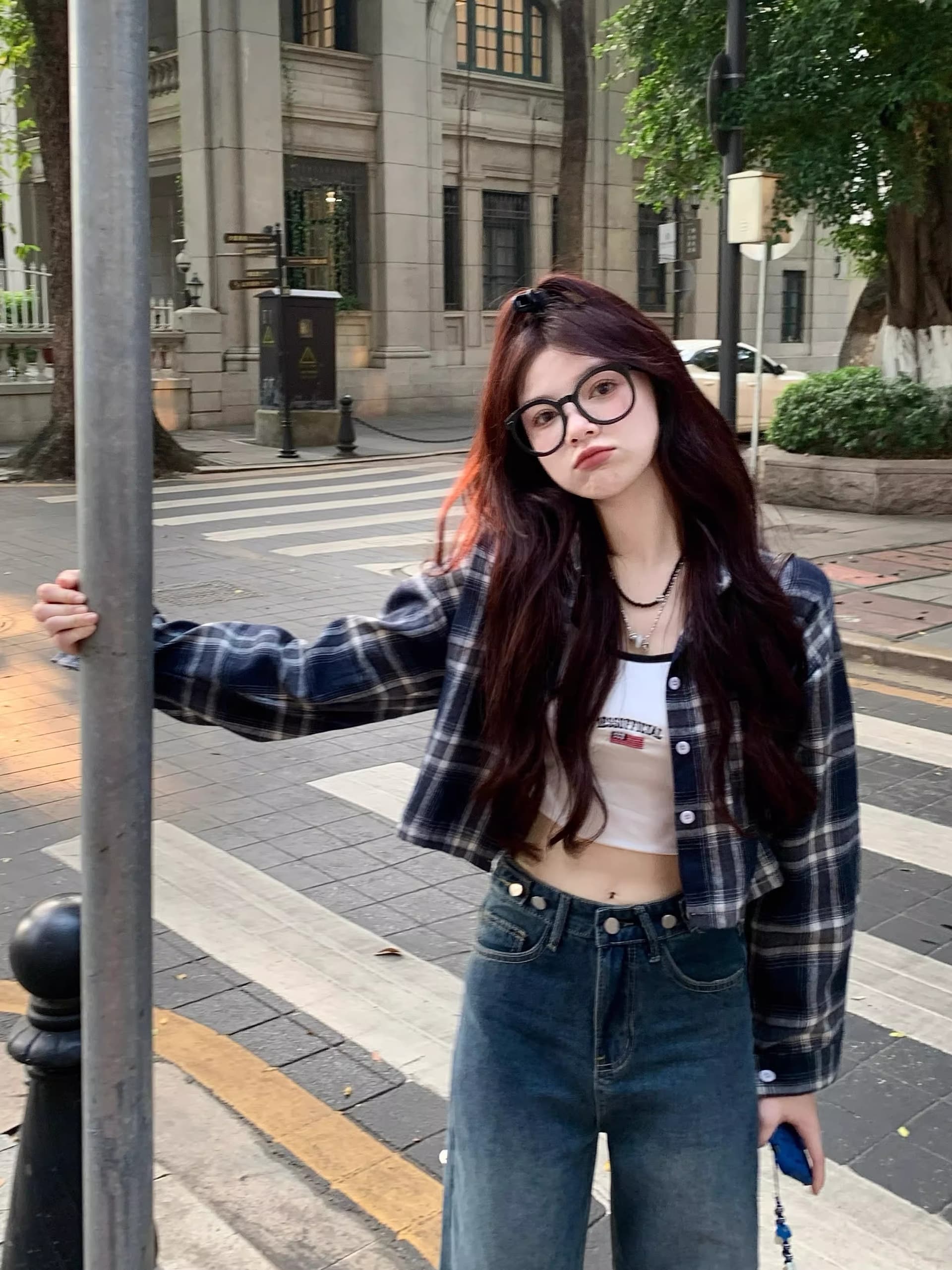 한국 chic 레트로 캐주얼 체크무늬 긴팔 셔츠 쇼트 스타일 맨위 여성 상세 이미지 3