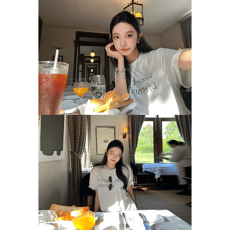 지구 Ouyang 현재 문제 苾 입력 er d 바다 왕 t 아기 수준 럭셔리 센스 블루 좋은 주간 실크 프랑스 아마 프린트 티셔츠 이미지 5