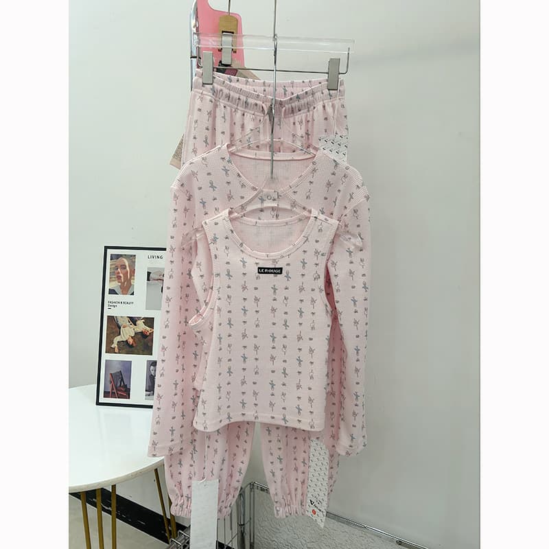 le rouge 주 아름다움 느긋한 핫걸 소녀 분말 후아 남편 그리드 프린트 오픈 가디건 조끼 캐주얼 바지 세트 상세 이미지 5