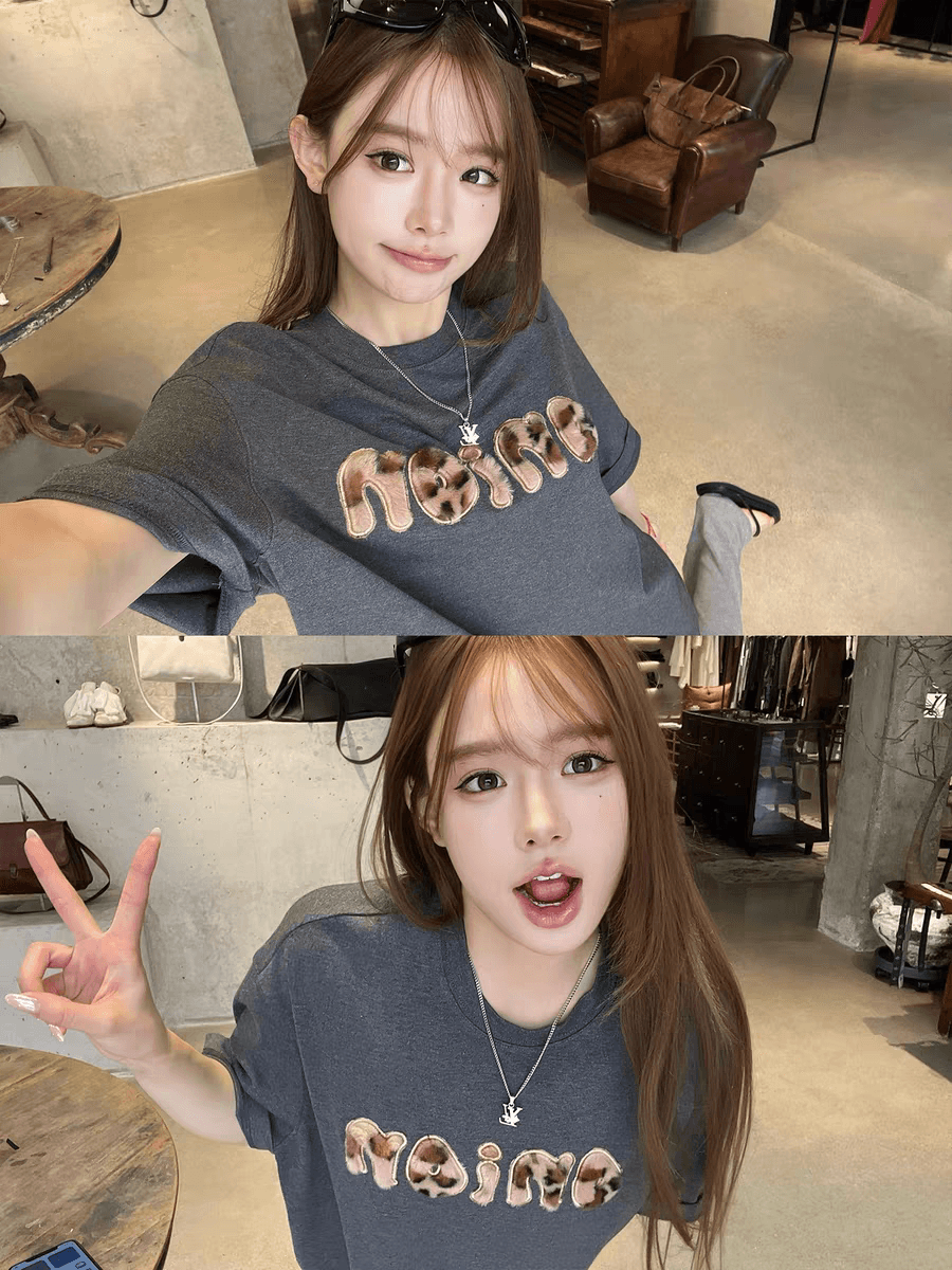 지구 Ouyang 레오파드 무늬 게으른 셔츠 나만의 것을 가져와 라. 차가운 센스 vtg 아메리칸 레오파드 무늬 패치 자수 프린트 가을 어깨 티셔츠 상세 이미지 5