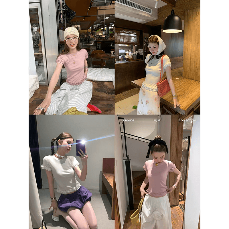 le rouge 주 아름다움 7 번호 늦게 8시 신제품 주간 실크 양모 목이버섯 레이스 라운드 넥 반팔 티셔츠 이미지 5