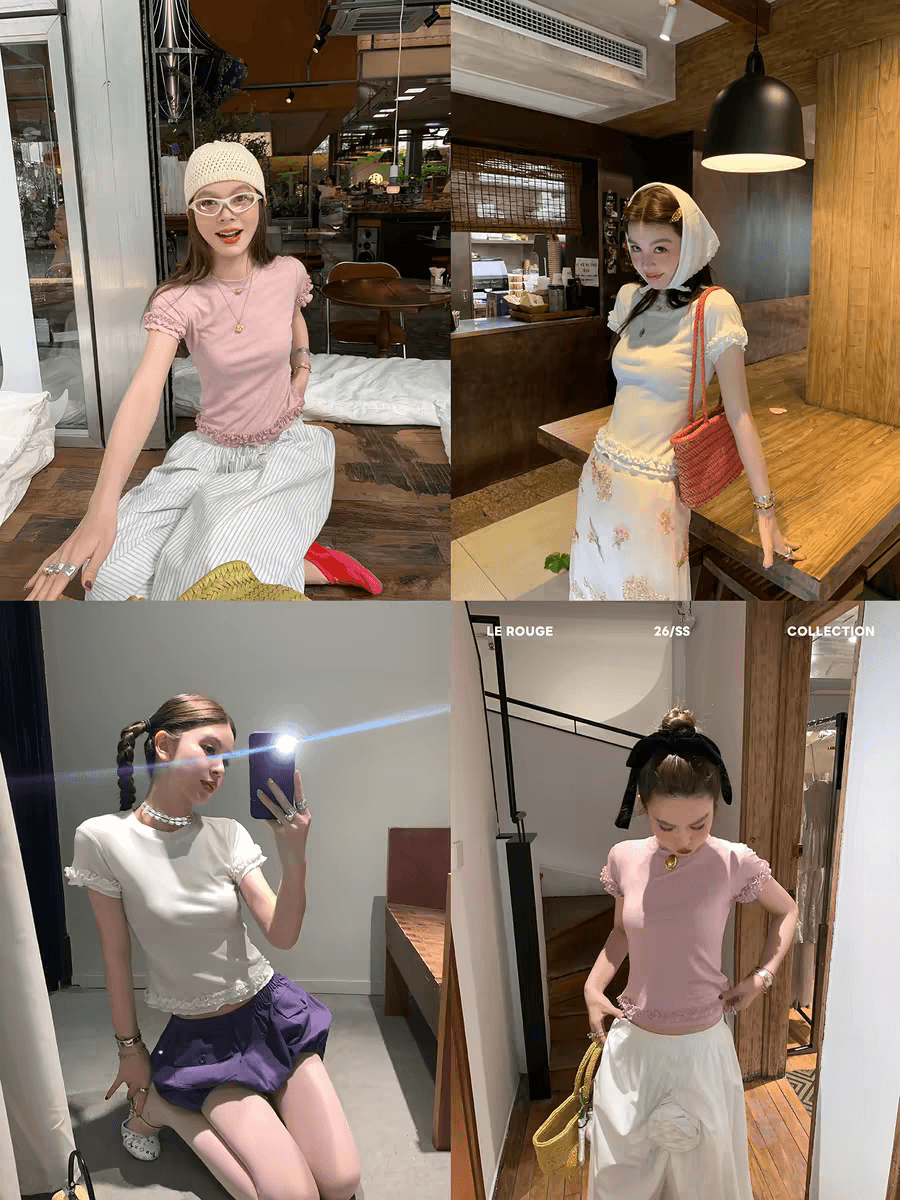 le rouge 주 아름다움 7 번호 늦게 8시 신제품 주간 실크 양모 목이버섯 레이스 라운드 넥 반팔 티셔츠 상세 이미지 1