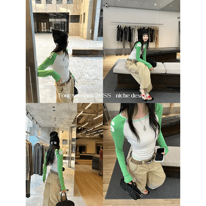 지구 Ouyang 얼음 아메리칸 스키니 t 호흡 센스 주간 실크 양모 vtg 프린트 배색 삽입 어깨 소매 티셔츠 이미지 5