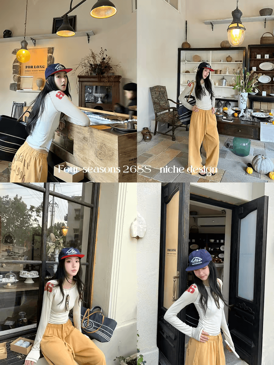 지구 Ouyang 얼음 아메리칸 스키니 t 호흡 센스 주간 실크 양모 vtg 프린트 배색 삽입 어깨 소매 티셔츠 상세 이미지 2