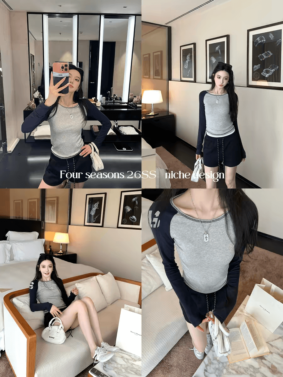 지구 Ouyang 얼음 아메리칸 스키니 t 호흡 센스 주간 실크 양모 vtg 프린트 배색 삽입 어깨 소매 티셔츠 상세 이미지 3