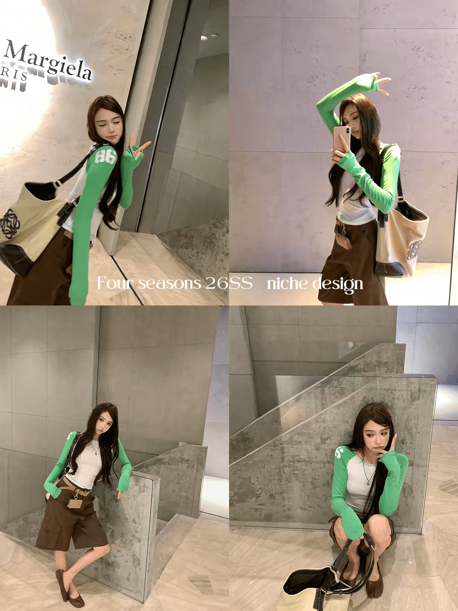 지구 Ouyang 얼음 아메리칸 스키니 t 호흡 센스 주간 실크 양모 vtg 프린트 배색 삽입 어깨 소매 티셔츠 상세 이미지 4