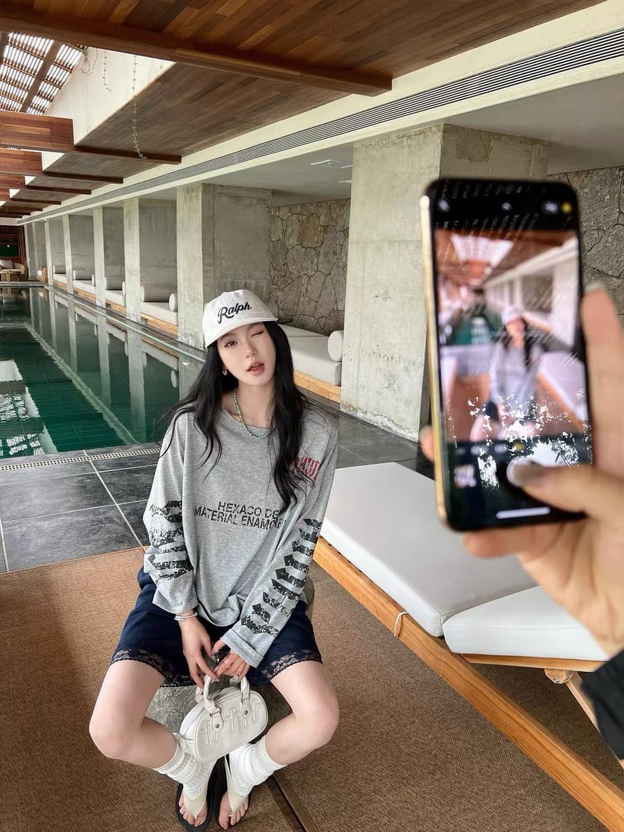 지구 Ouyang 골드 제니 같은 단락 느슨함 아메리칸 호흡 센스 면 린넨 질감 vtg 알파벳 프린트 티셔츠 상세 이미지 5