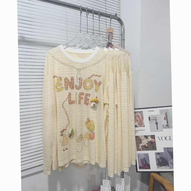 지구 Ouyang enjoy life 도파민 여름 재미있는 수채화 프린트 스트라이프 루즈핏 긴팔 티셔츠