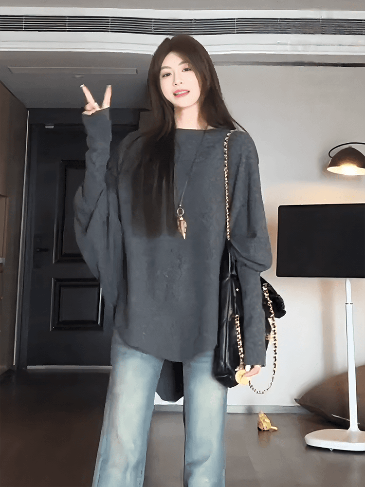 높은 품질 대 물품 플러스 두꺼운 스타일 임산부 가을 겨울 불규칙 레트로 느긋한 바람 부드러운 찹쌀 배트윙 소매 스웨터 니트 스웨터 상세 이미지 1