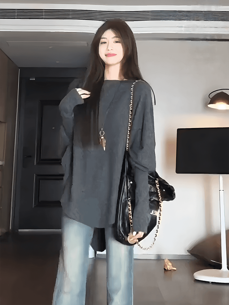 높은 품질 대 물품 플러스 두꺼운 스타일 임산부 가을 겨울 불규칙 레트로 느긋한 바람 부드러운 찹쌀 배트윙 소매 스웨터 니트 스웨터 상세 이미지 2