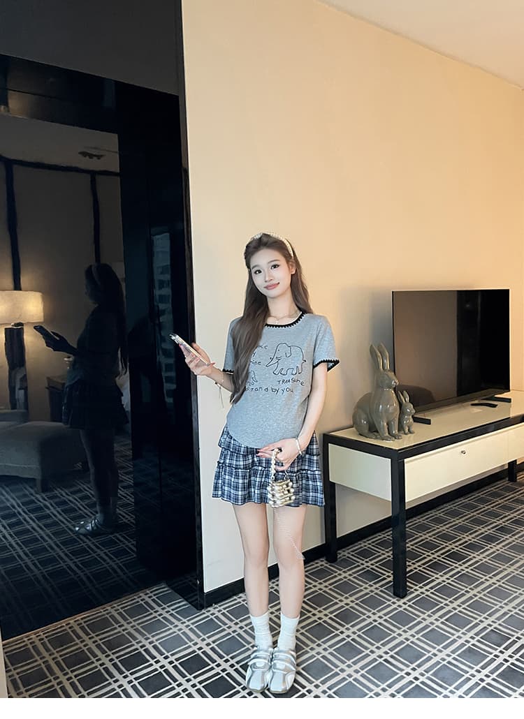 실사 임산부 한국 스타일 만화 코끼리 알파벳 티셔츠 체크무늬 치마 세트 여름 순면 반팔 투피스 세트 귀여운 상세 이미지 11