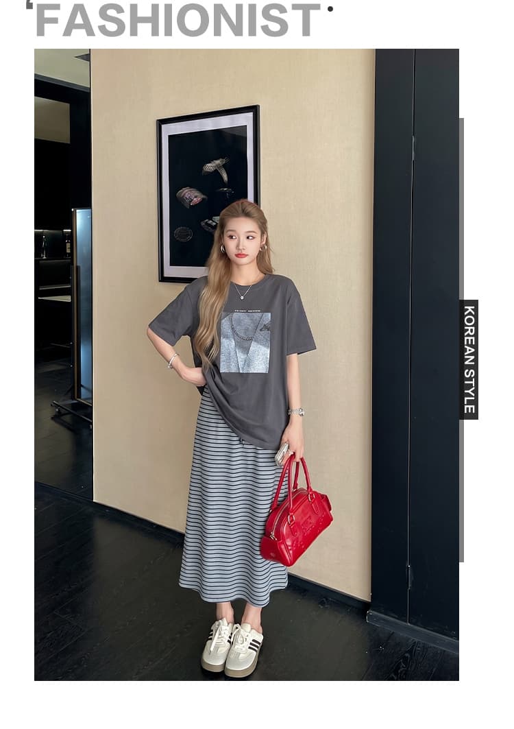 실사 지금 임산부 한 부서 프린트 반팔 티셔츠 스트라이프 반신 스커트 두 조각 여성 세트 여름 루즈핏 다용도 상세 이미지 2