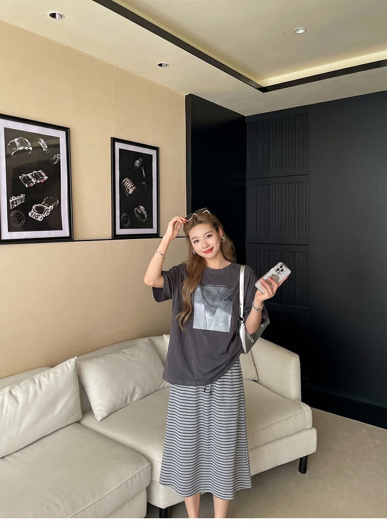 실사 지금 임산부 한 부서 프린트 반팔 티셔츠 스트라이프 반신 스커트 두 조각 여성 세트 여름 루즈핏 다용도 상세 이미지 12