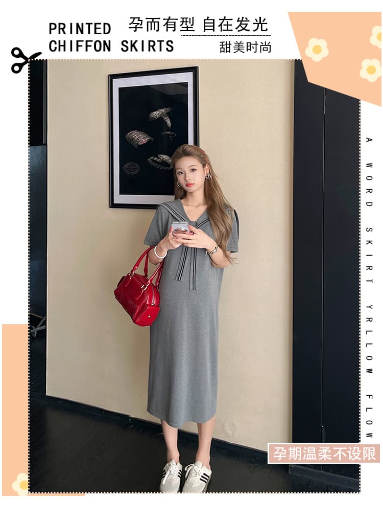 실사 지금 임산부 해군 칼라 여성 드레스 여름 학원 스타일 루즈핏 슬림해 보이는 반팔 품격 치마 상세 이미지 1